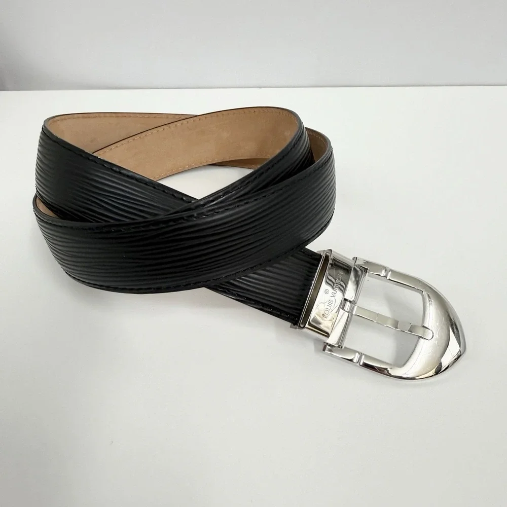 Louis Vuitton Epi Leather Belt Black Silver Tone Metal Buckle Size 90 36